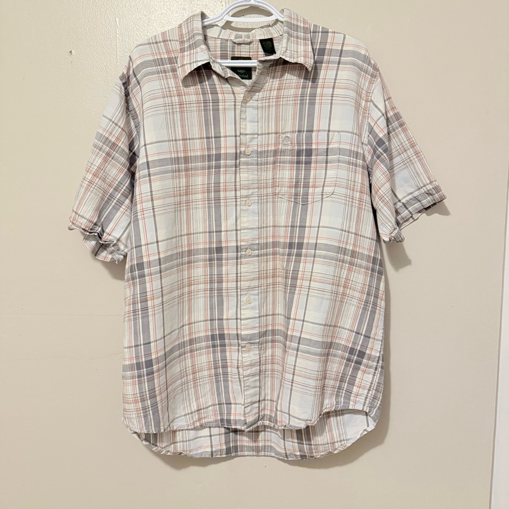 Timberland Men’s Short-Sleeve Plaid Button-Down Shirt in Cream, Taupe and Gray